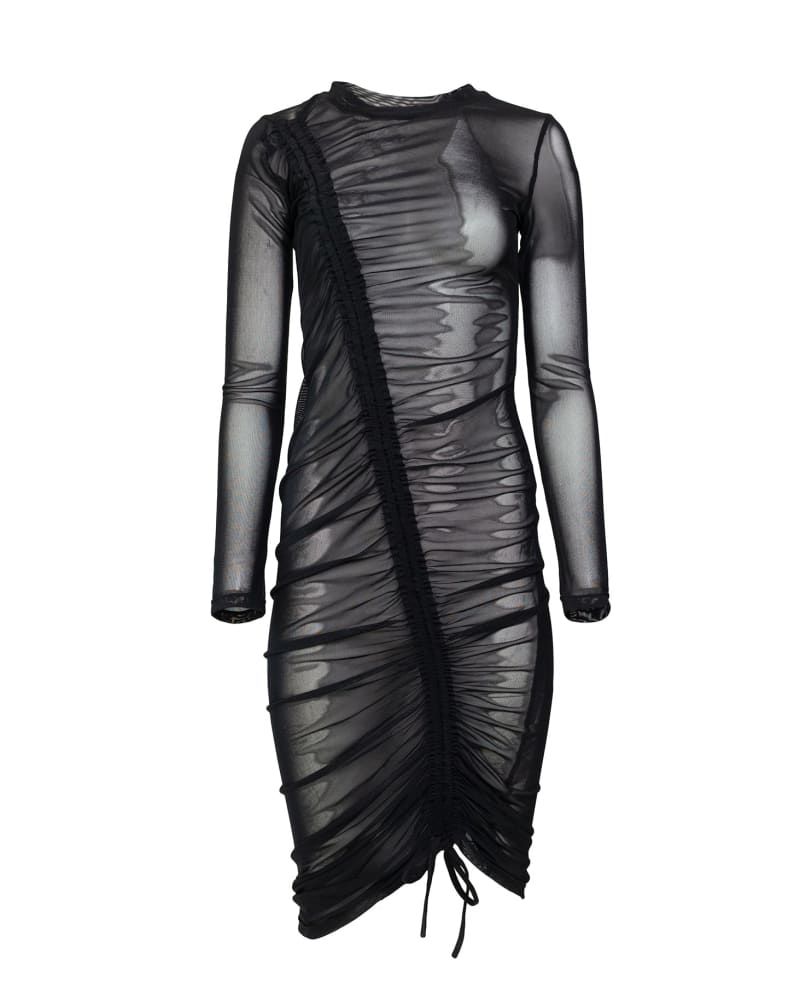 Front of a size 1X Mesh Ruched Dress in Black by Hilary MacMillan. | dia_product_style_image_id:316493